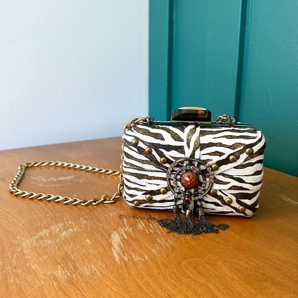 Mary Frances Aria Bronze Zebra Printed Tassel Versatile Shoulder Clutch Bag